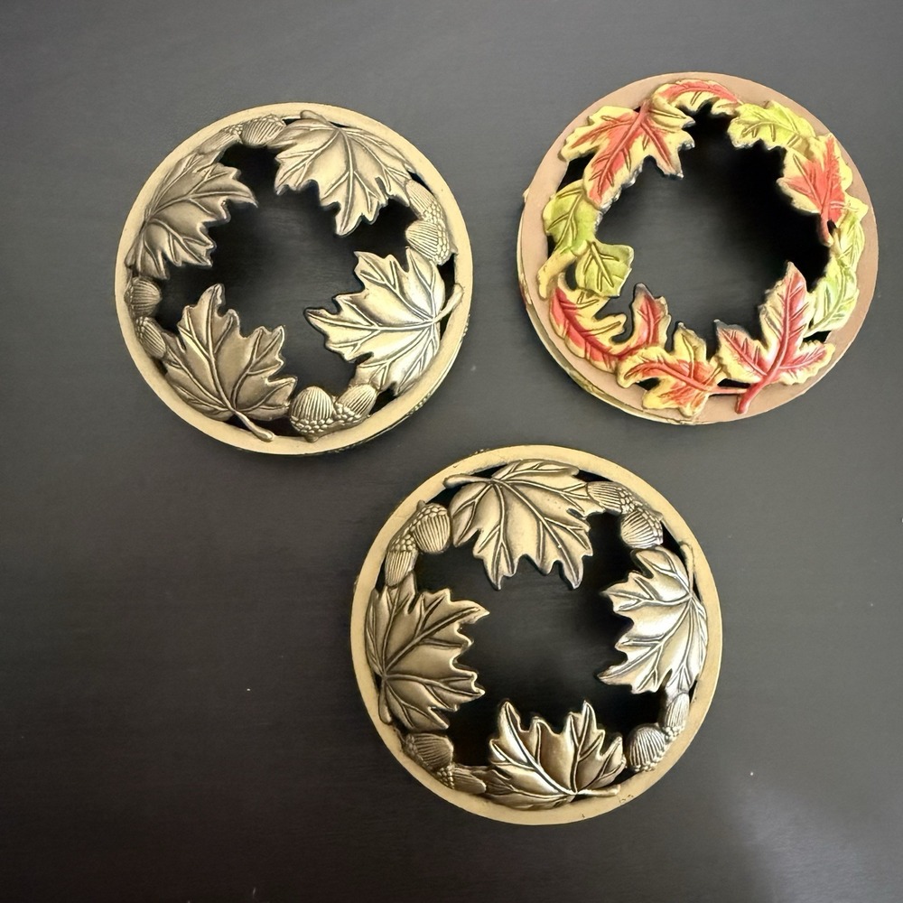 (3) Yankee Candle Metal Candle Lid Jar Ring Topper Fall Autumn Leaves Orange